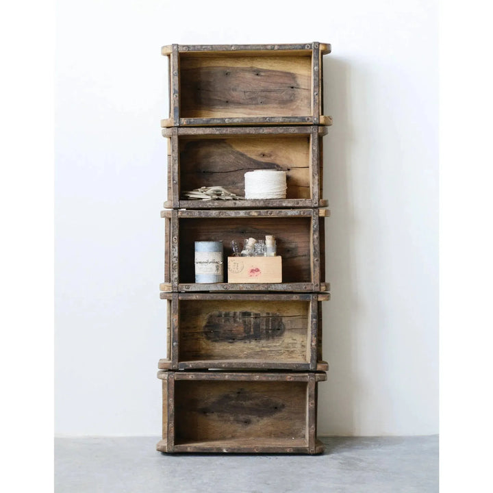 Wood wall decor with 5 shelves color swatches.