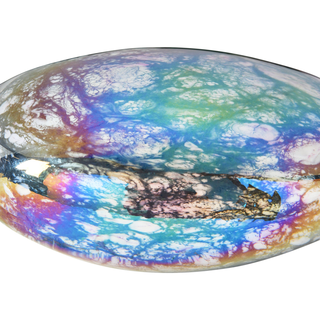 5-1/2"l x 4-1/4"w x 2-3/4"h hand-blown art glass paperweight, iridescent finish decor color swatches.