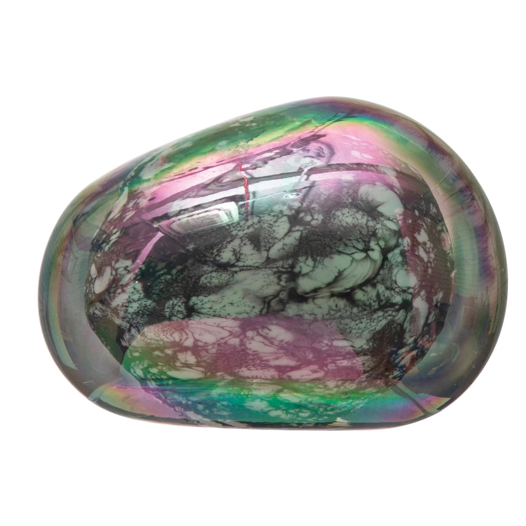 5-1/2"l x 4-1/4"w x 2-3/4"h hand-blown art glass paperweight, iridescent finish decor material variants.