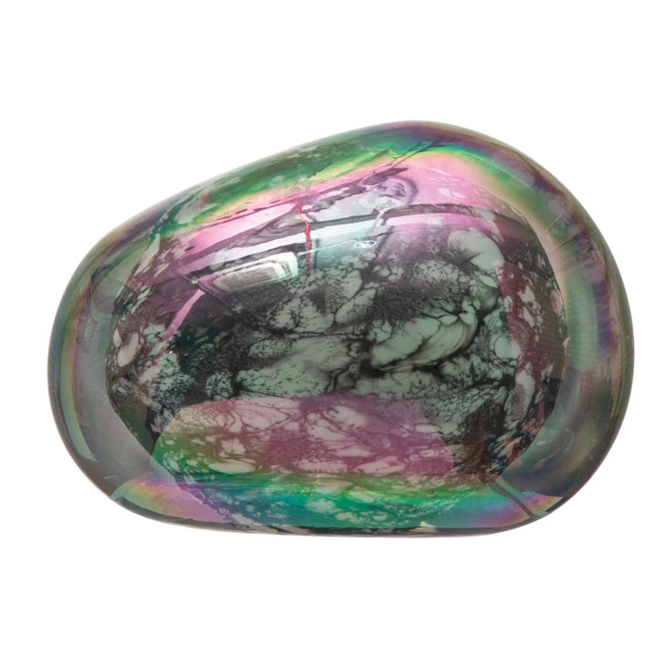 5-1/2"l x 4-1/4"w x 2-3/4"h hand-blown art glass paperweight, iridescent finish decor material variants.