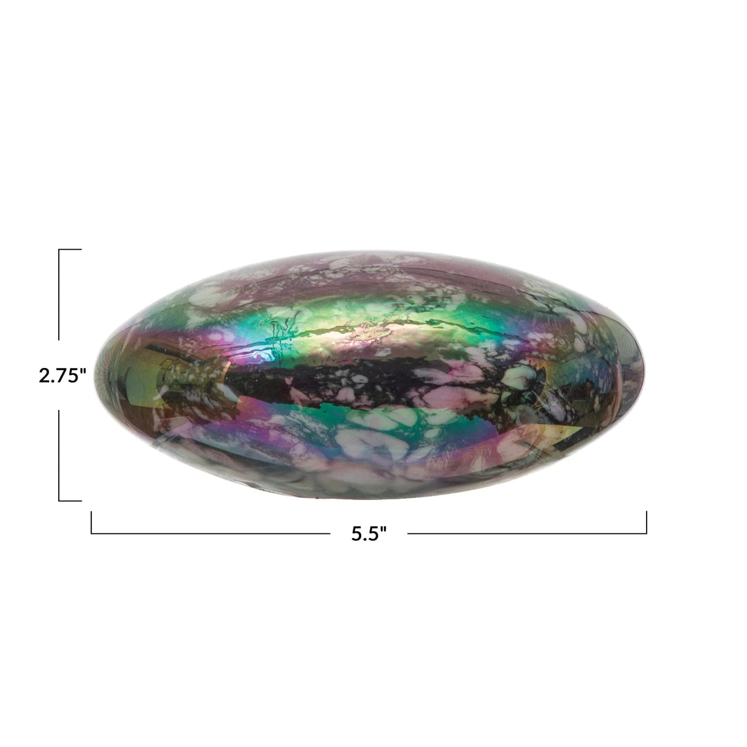 5-1/2"l x 4-1/4"w x 2-3/4"h hand-blown art glass paperweight, iridescent finish decor size charts.