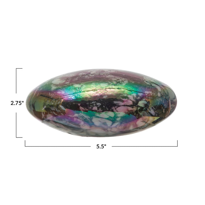 5-1/2"l x 4-1/4"w x 2-3/4"h hand-blown art glass paperweight, iridescent finish decor size charts.