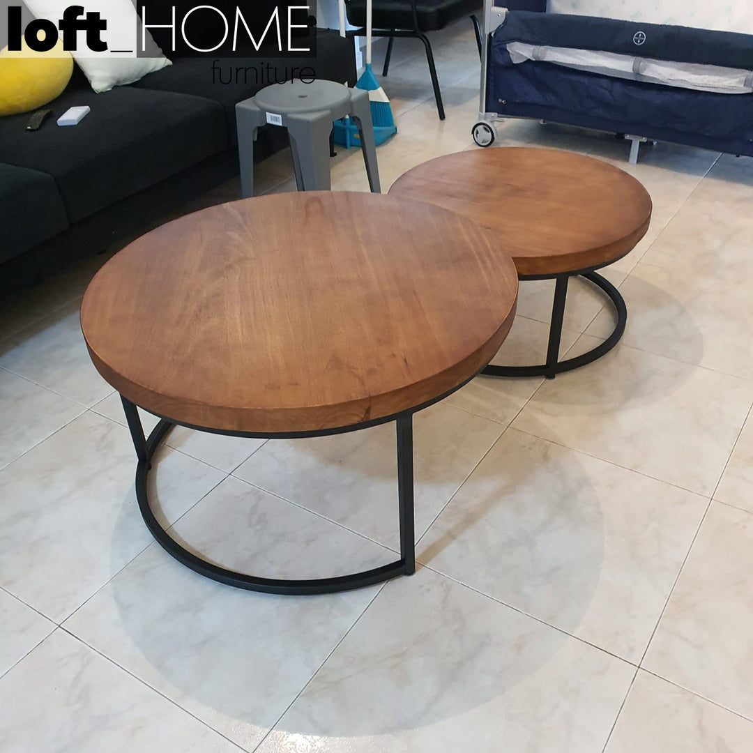 Industrial pine wood round coffee table classic layered structure.