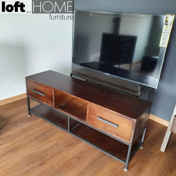 Industrial pine wood tv console classic pine in panoramic view.