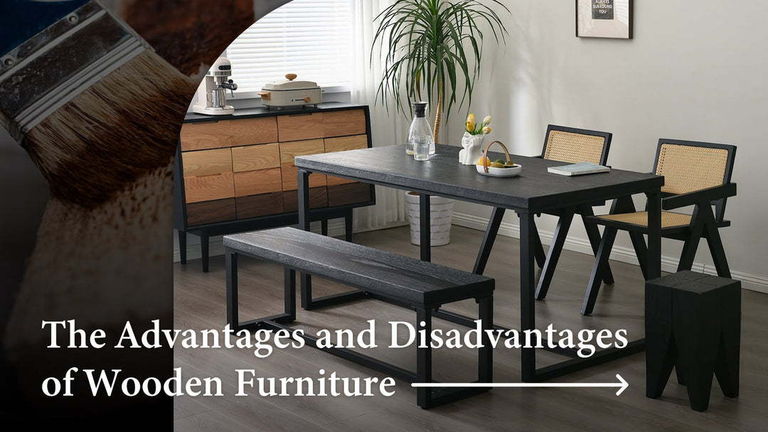 Advantages and Disadvantages of Wooden Furniture – Modern Black Wooden Dining Table with Matching Bench and Rattan Chairs in a Stylish Interior