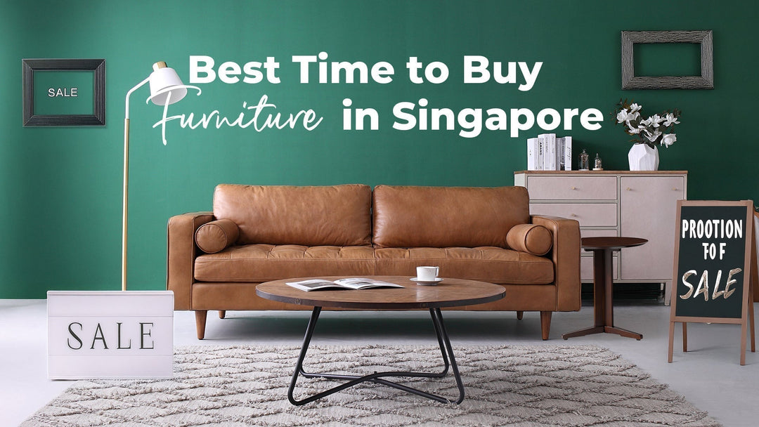 Best Time to Buy Furniture in Singapore - Stylish Living Room Setup with Leather Sofa, Coffee Table, and Sale Signs Indicating Furniture Discounts