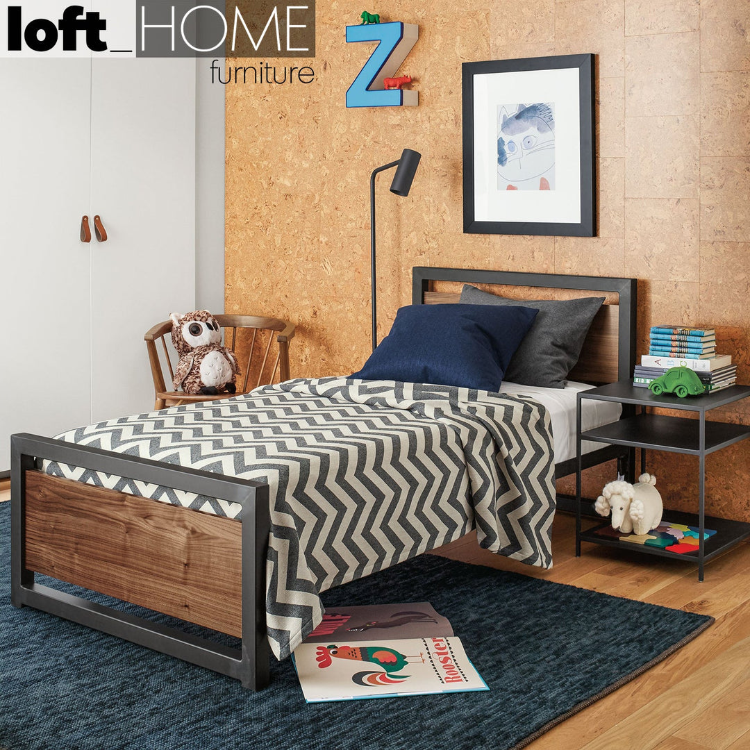 Loft Home modern single bed frame collection in Singapore. Stylish, durable single bed frame with metal and wood accents, ideal for contemporary bedrooms. Shop Loft Home's single bed frames for comfort and style.