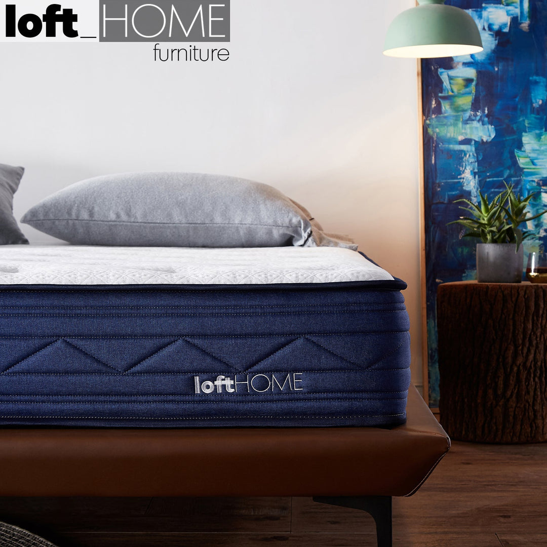 Loft Home premium queen mattress collection in Singapore. Elegant, plush mattress with navy detailing, crafted for ultimate comfort and style. Discover Loft Home's queen mattresses for luxurious sleep solutions.