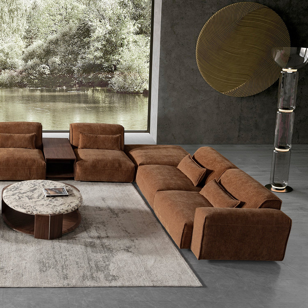 Loft Home 4-seater modular sofa in luxurious brown fabric, featuring a customizable layout with plush cushions, perfect for versatile living spaces.