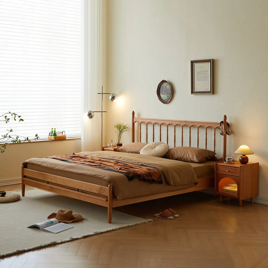 Warm and inviting bedroom with a wooden king-size bed frame. Explore the Asia king-size bed frame collection at Loft Home Furniture.