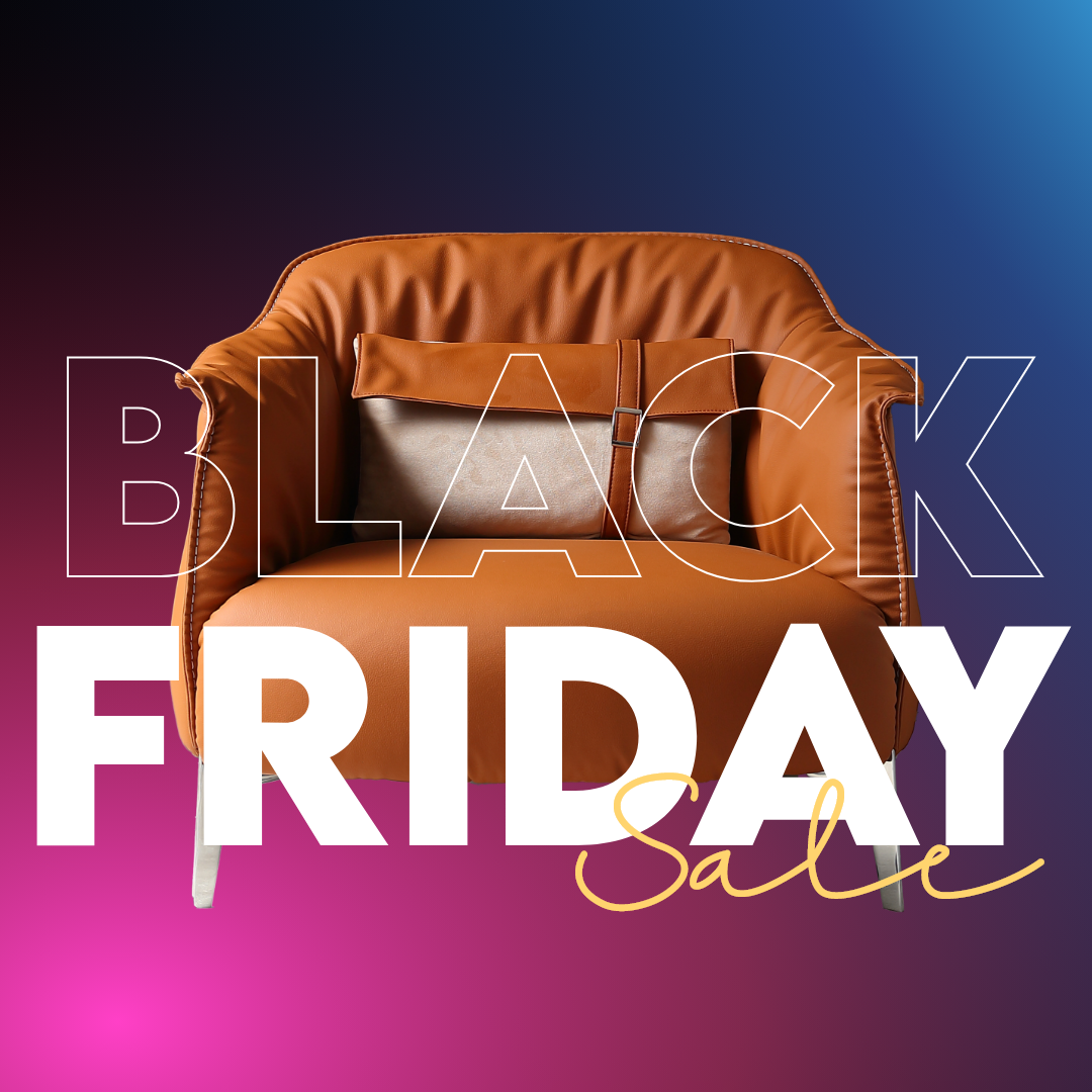 Stylish orange leather armchair featured in LoftHome's Black Friday Sale square banner, highlighting premium furniture discounts and modern design.