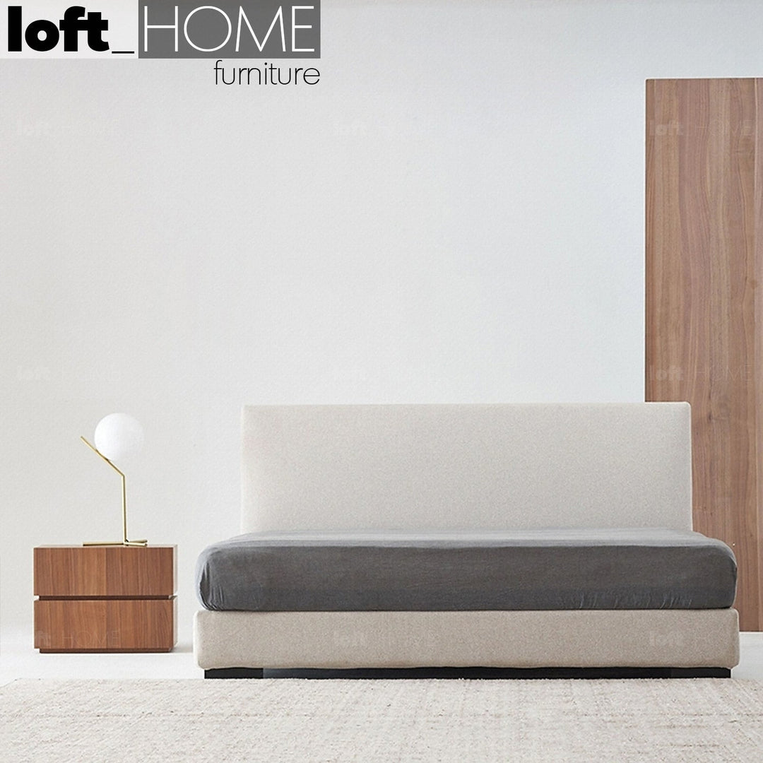 Loft Home minimalist queen-size bed frame collection in Singapore. Sleek fabric bed frame with a soft, modern design, ideal for contemporary bedrooms. Discover Loft Home's queen-size bed frames and mattresses for style and comfort.