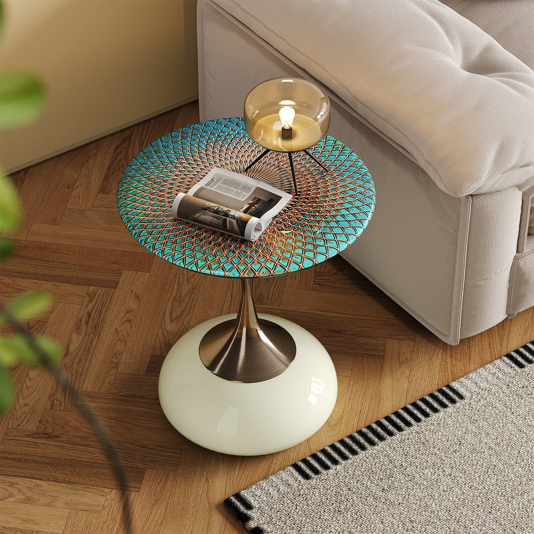 Eclectic sintered stone side table twist green in close up details.