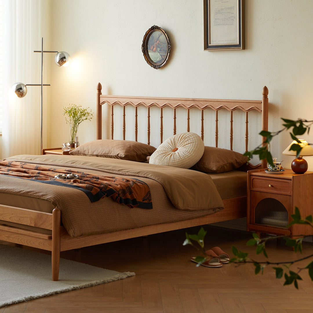 Scandinavian-style bedroom featuring a wooden bed frame, warm brown bedding, elegant decor, and soft lighting for a cozy and serene ambiance.