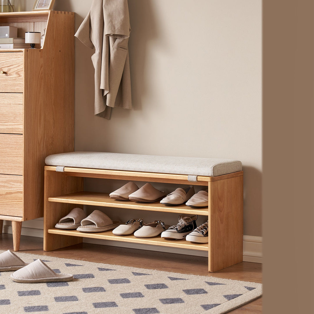 Scandinavian rubber wood bench with mixed weave fabric cushion sit primary product view.