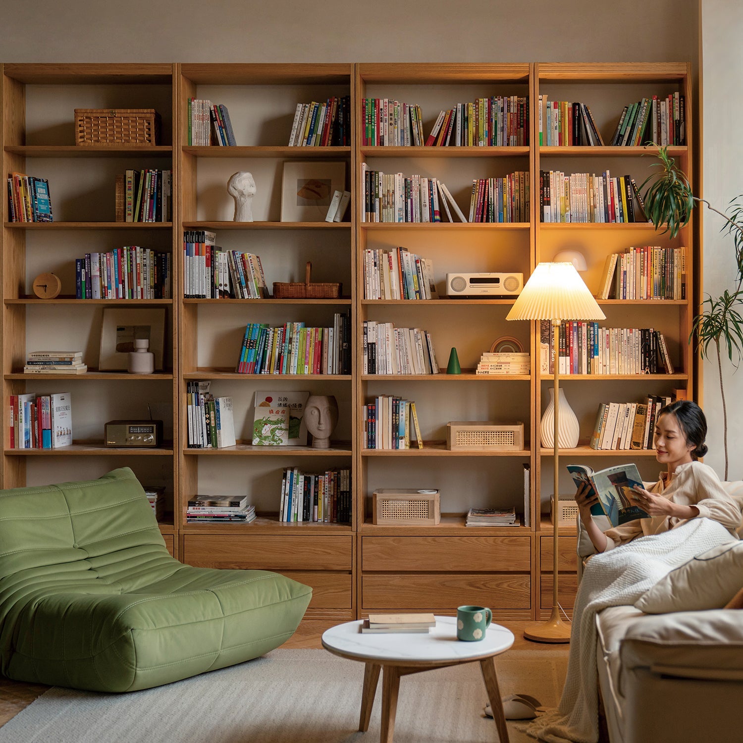 Cozy home storage shelves and green lounge corner, modern minimalist multi-functional storage furniture