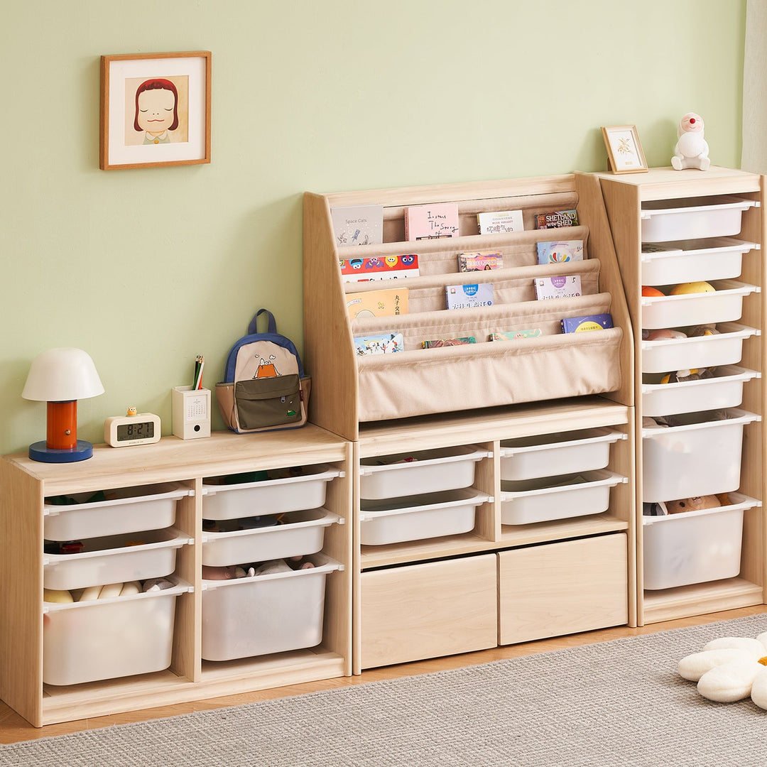 Loft Home Basket Storage collection, modular wooden storage units with plastic bins and book compartments, perfect for kids' room organization.