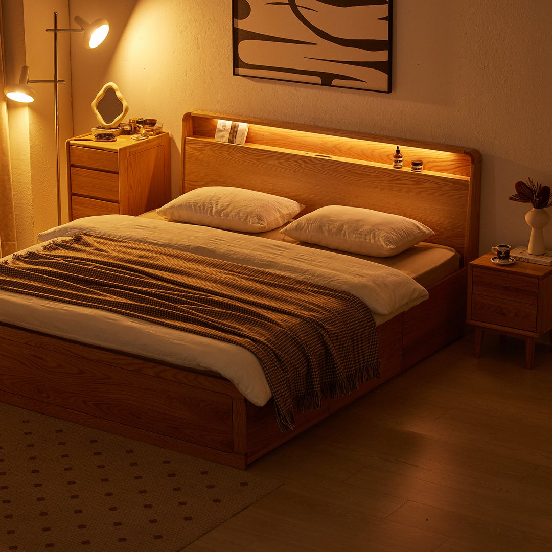 Loft Home wooden bed frame with integrated LED lighting, creating a warm and cozy bedroom ambiance for modern and functional living.