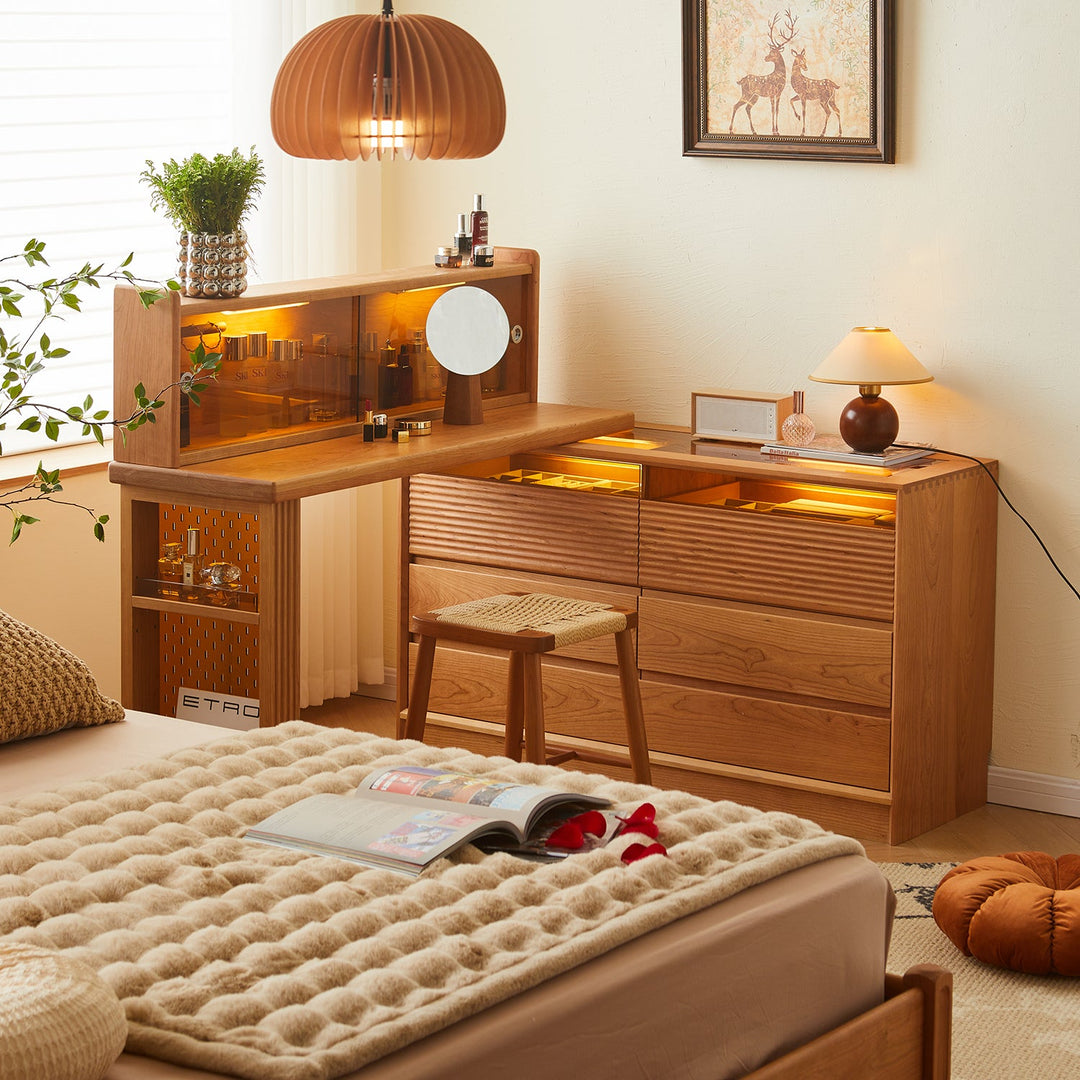 Loft Home wooden bedroom table set with LED lighting and built-in mirror, styled with a cozy bed and neutral decor, enhancing elegant and functional bedroom aesthetics.