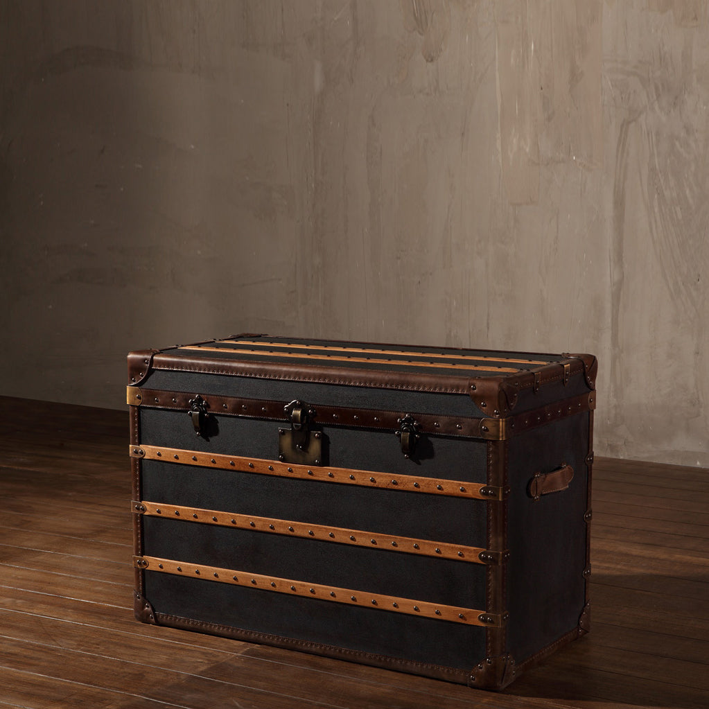 Loft Home Box Storage collection, vintage black leather trunk with metal accents, perfect for elegant storage and timeless decor.