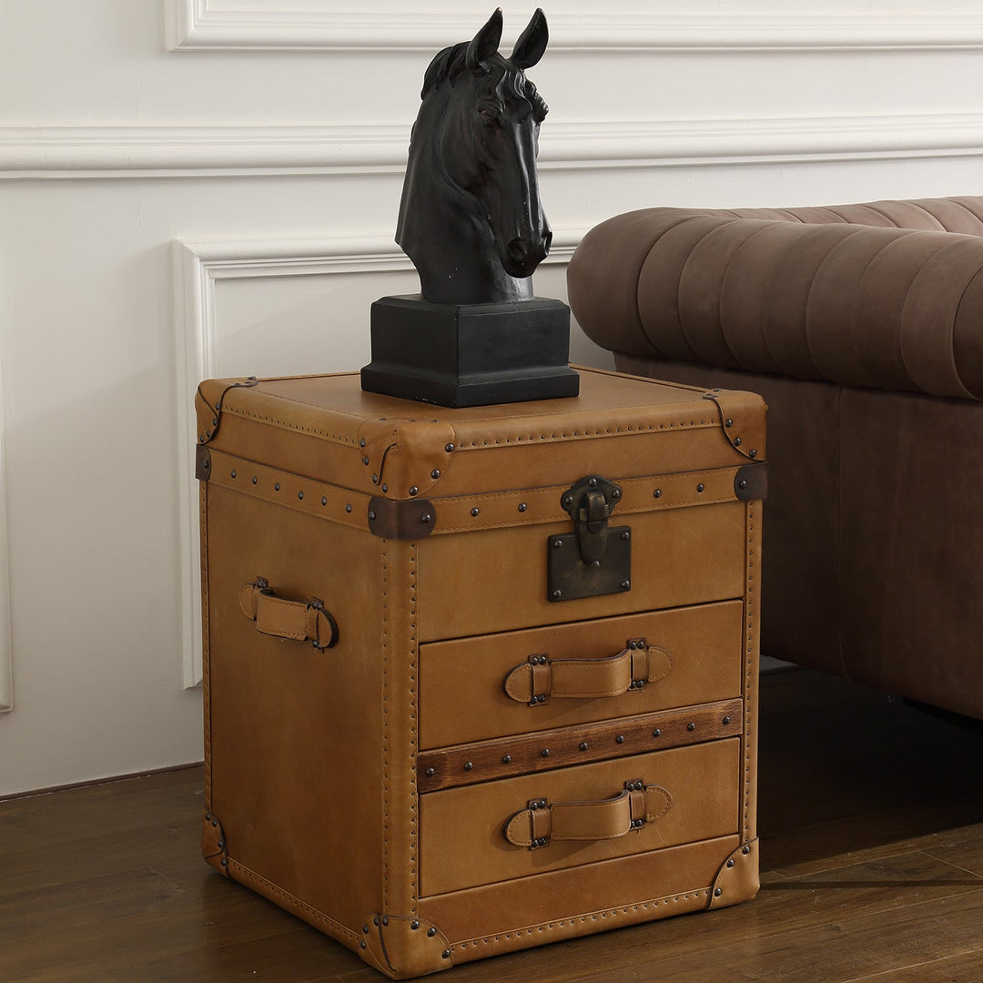 Loft Home box table with vintage leather finish and metal accents, combining timeless style and storage in the Box Tables collection.