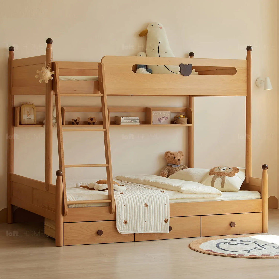 Loft Home wooden bunk bed for kids featuring cozy bedding, playful decor, and built-in storage in a warm and inviting children's room.