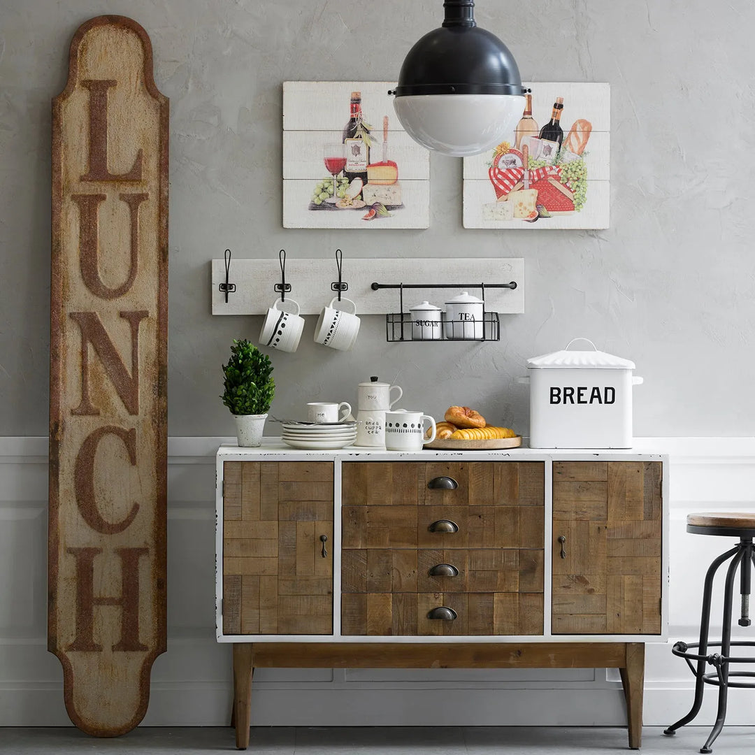 Rustic kitchen cabinet with a mix of wood and metal finishes, featuring vintage decor and storage solutions, linking to Loft Home's cabinet collection.