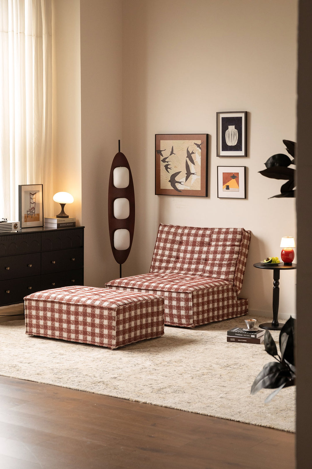 Compact checkered sofa and ottoman for Singapore homes, designed for small lounge corners, HDB flats, condos, and cosy apartments.