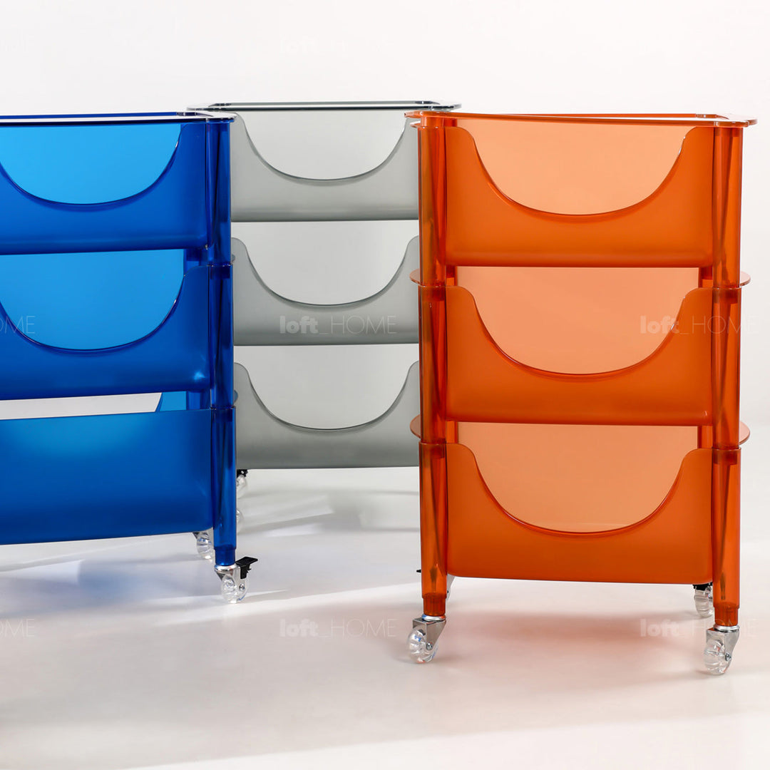 Contemporary multi-colored storage units with translucent panels and wheels, ideal for vibrant and modern home or office organization.