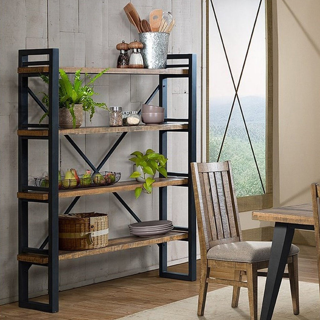 Industrial-style display shelf featuring rustic wood planks and a black metal frame, perfect for showcasing decor, plants, and kitchenware, adding charm to dining or living spaces.