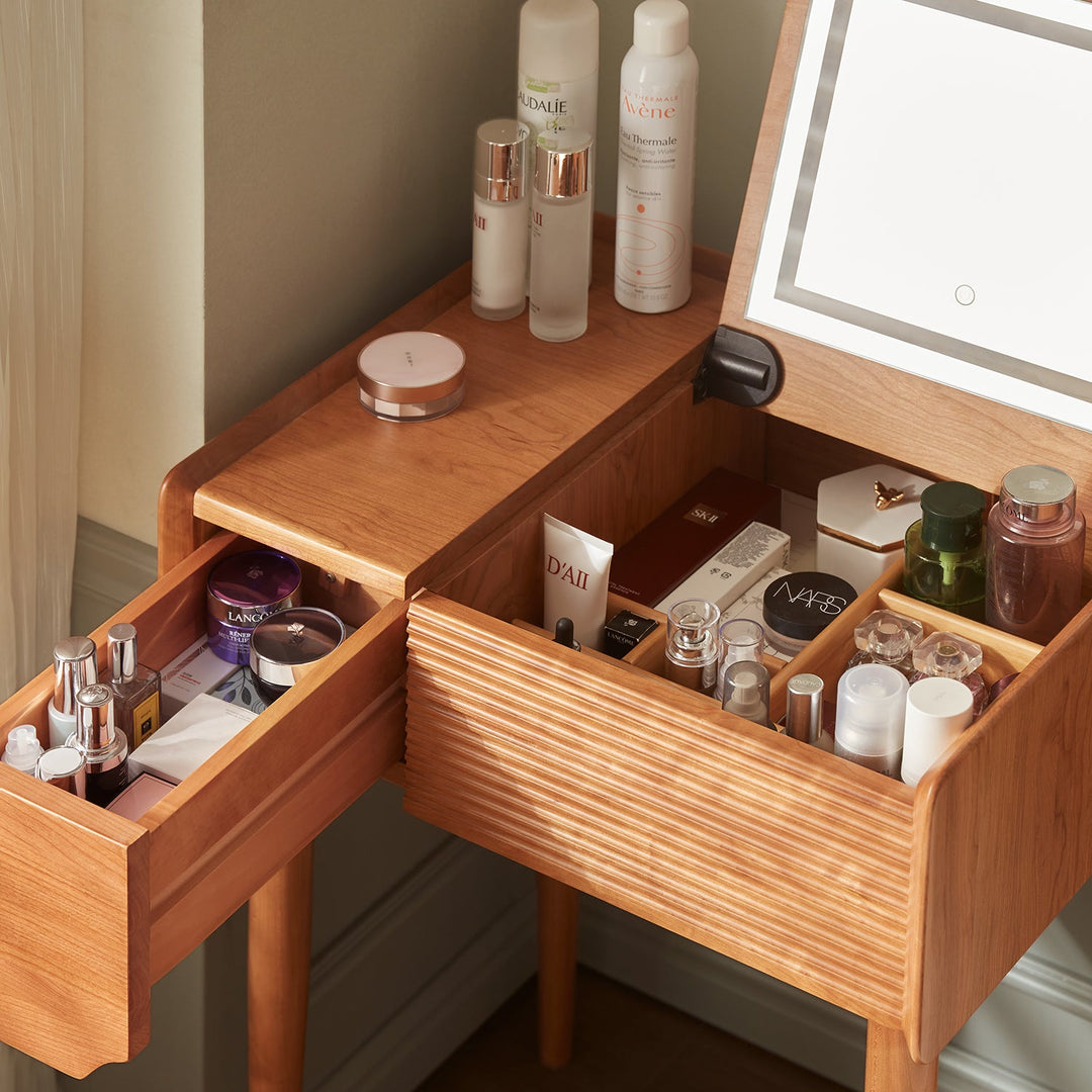 Compact dressing table with lift-up door and organized storage compartments, ideal for efficient beauty routines and modern interiors.