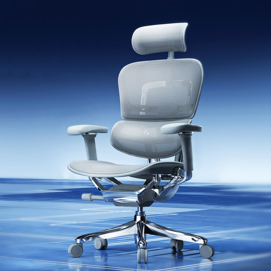 High-end ergonomic office chair in sleek white mesh design, featuring adjustable headrest, lumbar support, and chrome-finished base, enhancing posture and workspace aesthetics.