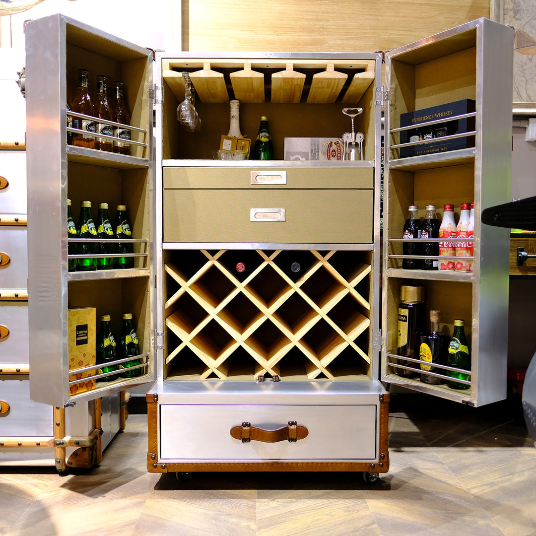 Loft Home Extendable Storages – Multifunctional wine storage cabinet with extendable compartments, featuring sleek metal and wood accents, perfect for modern living spaces.