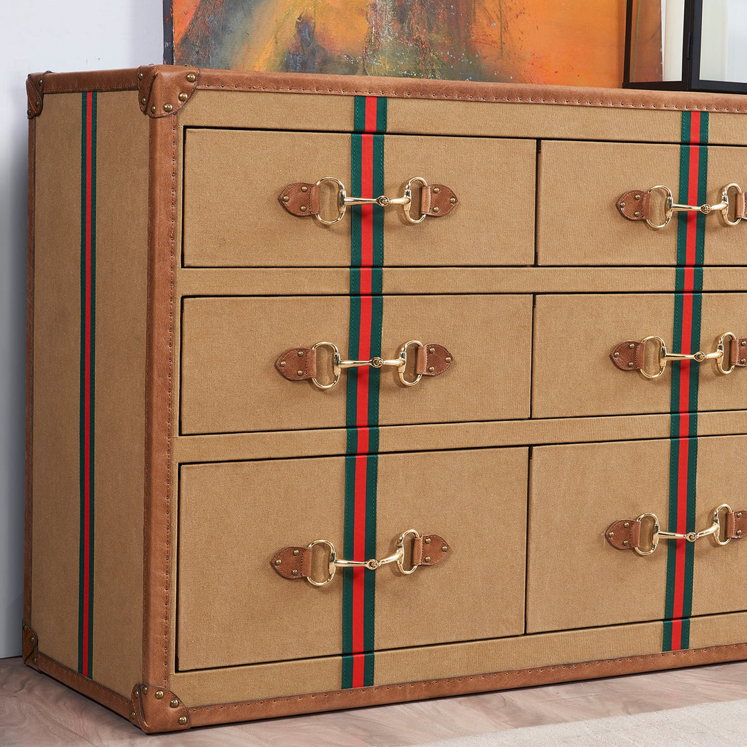 Loft Home Fabric Storages collection, a chic chest of drawers featuring striped accents and brass hardware, blending functionality with modern style.