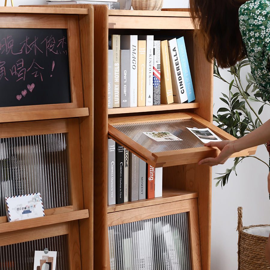 Loft Home Flip-Up Door Storages collection, stylish wooden shelves with flip-up glass doors, perfect for organizing books and essentials.