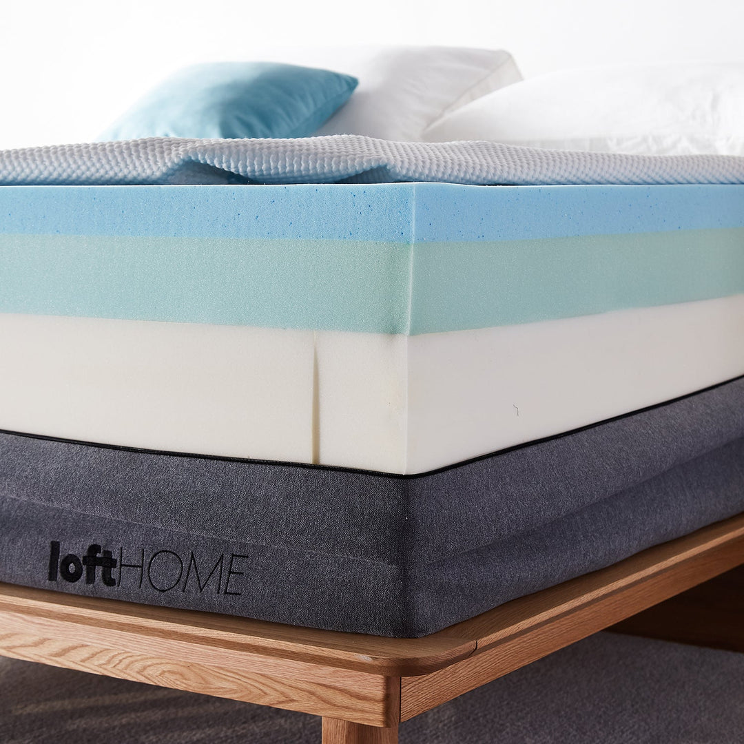 LoftHome gel memory foam mattress in layered design, offering cooling comfort and support, paired with a sleek wooden bed frame for ultimate relaxation