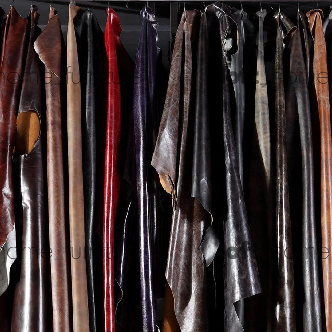 Genuine leather hides with natural grain and rich texture, showcasing premium material quality for timeless furniture design.