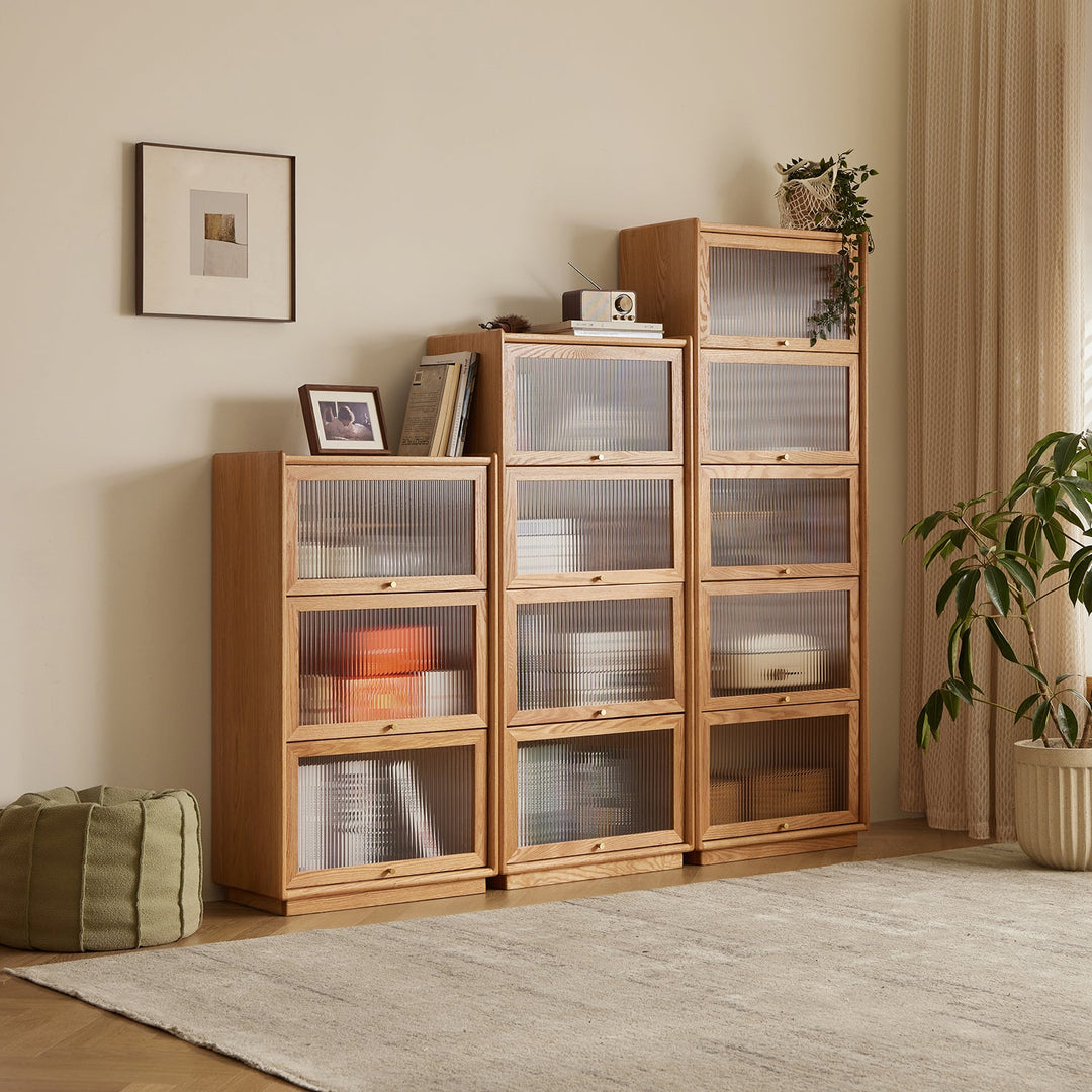 Modular wooden glass cabinets with fluted glass panels, offering versatile storage for books, decor, and essentials, perfect for Japandi or modern minimalist interiors.