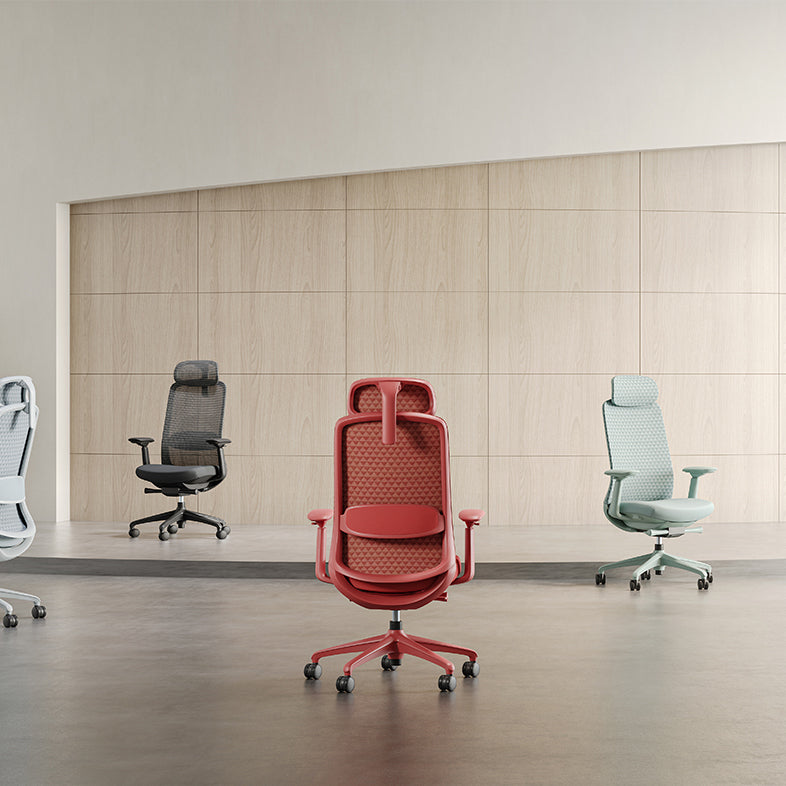 Ergonomic height-adjustable office chairs in modern designs, featuring vibrant color options and lumbar support, ideal for comfortable and productive workspaces.