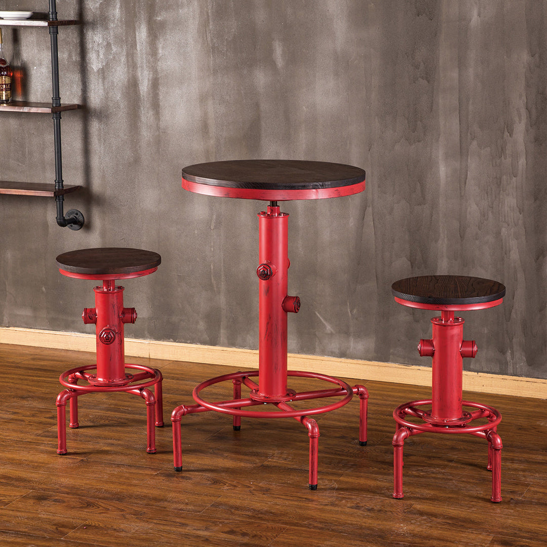 Bold industrial-style bar table set with adjustable heights, featuring red metal frames and dark wooden tops, adding character to urban-inspired spaces.