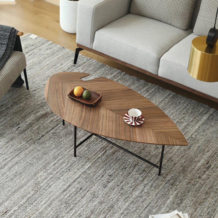 Loft Home walnut irregular coffee table from the Irregular Tables collection, featuring a unique leaf-inspired design, adding elegance to modern living spaces.