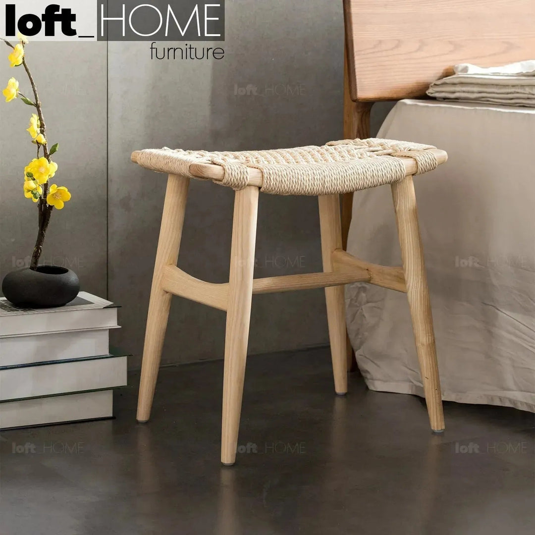Japandi wood woven rope dining stool woven primary product view.