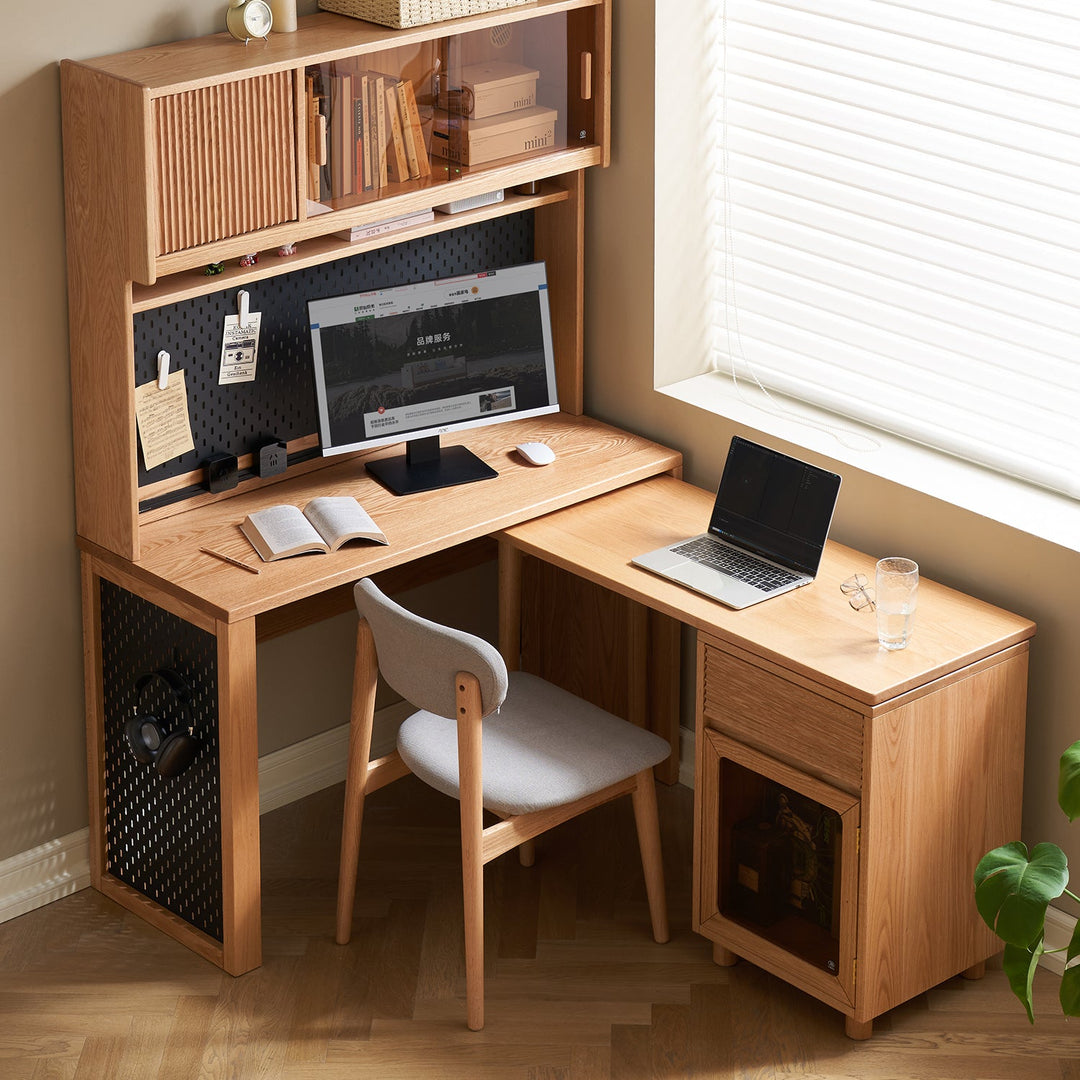 Wooden L-shaped study table with ample storage, integrated shelves, and a modern minimalist design, perfect for maximizing workspace efficiency.