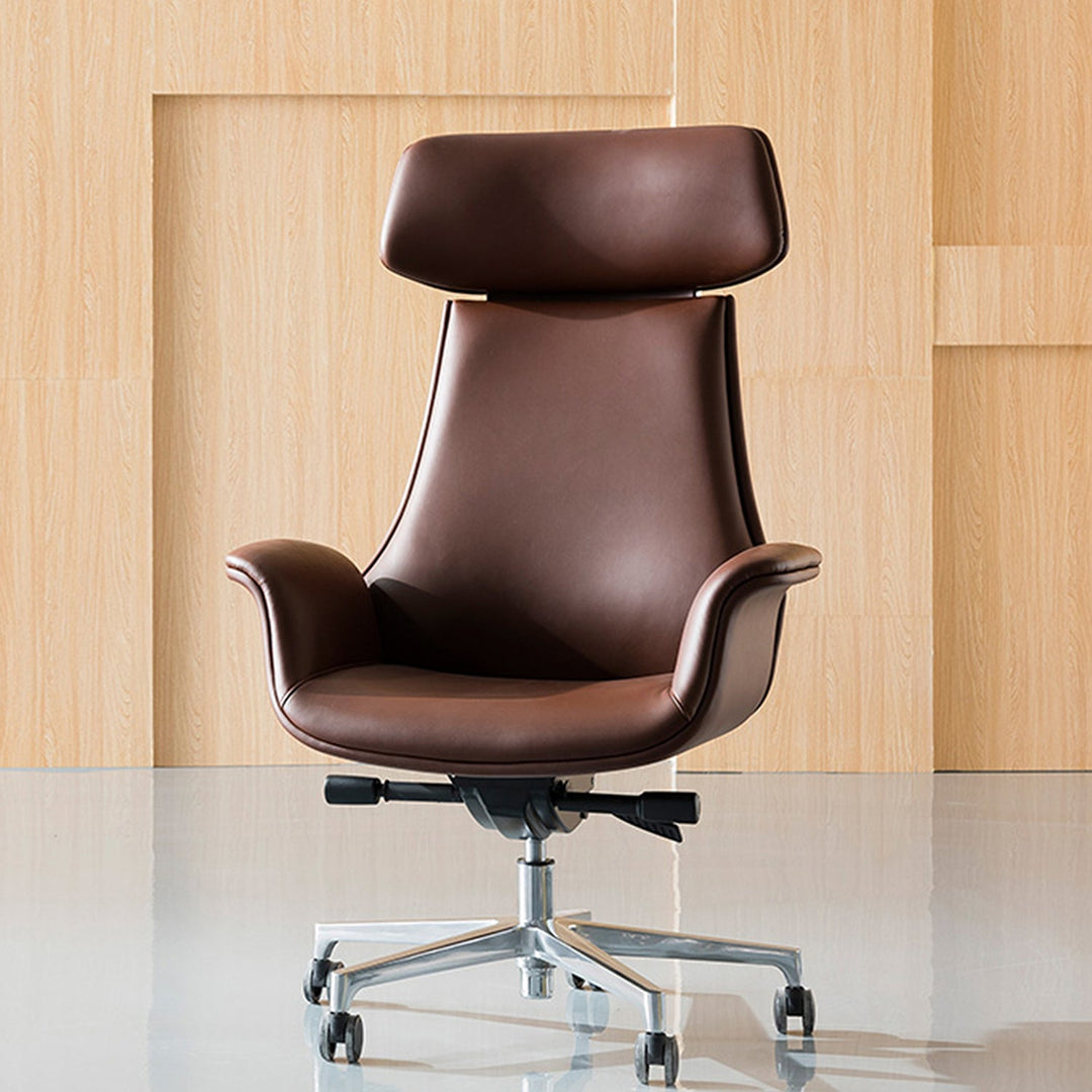 Luxurious brown leather office chair with an ergonomic high-back design, adjustable height, and chrome swivel base, adding sophistication to any workspace.