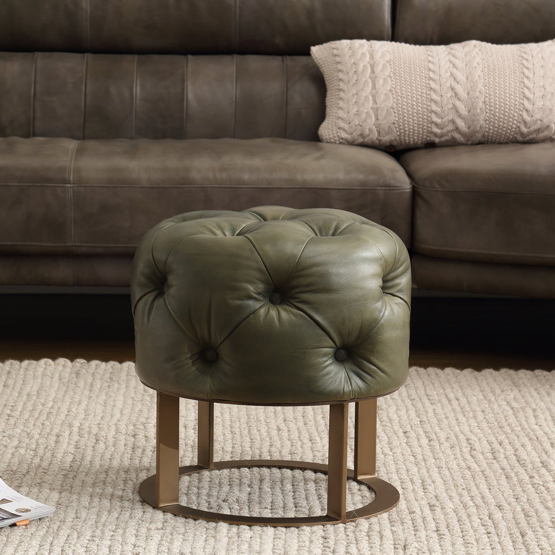 Loft Home green leather ottoman with tufted design and metal base, part of Leather Ottomans collection, blending luxury and comfort for modern interiors.