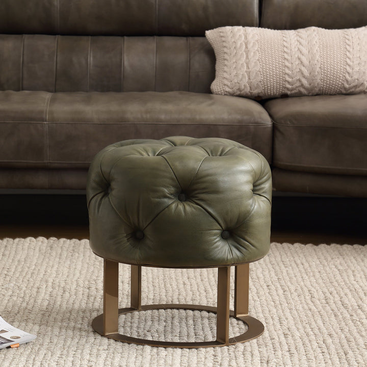 Loft Home green leather ottoman with tufted design and metal base, part of Leather Ottomans collection, blending luxury and comfort for modern interiors.
