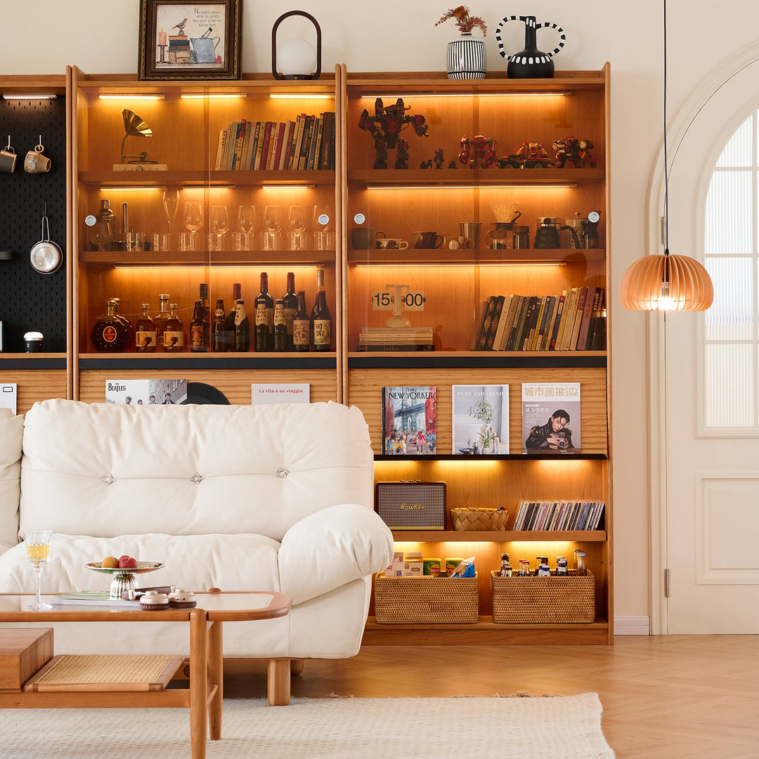 Loft Home Living Room Storages Collection - Illuminated wooden storage shelves with glass panels, perfect for showcasing books, decor, and collectibles in a cozy living space