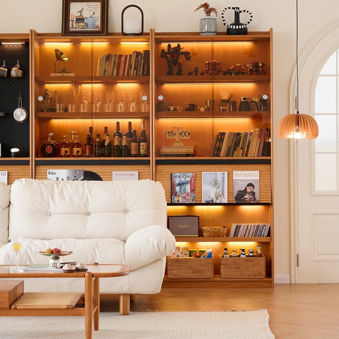 Loft Home Living Room Storages Collection - Illuminated wooden storage shelves with glass panels, perfect for showcasing books, decor, and collectibles in a cozy living space