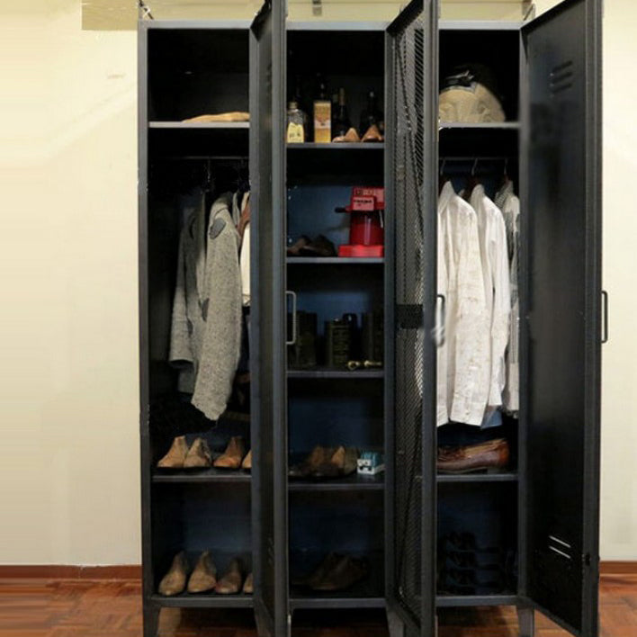 Industrial-style black metal wardrobe with mesh doors and multiple compartments, perfect for organized storage in modern or loft-style spaces.