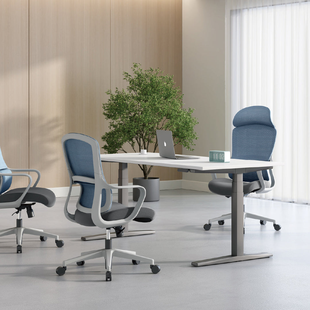 Modern office chairs with wheels, featuring ergonomic designs and breathable mesh backs, paired with height-adjustable desks for enhanced workplace efficiency.